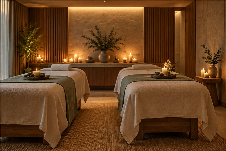Warm boutique treatment room with two massage beds, natural wood and candlelight