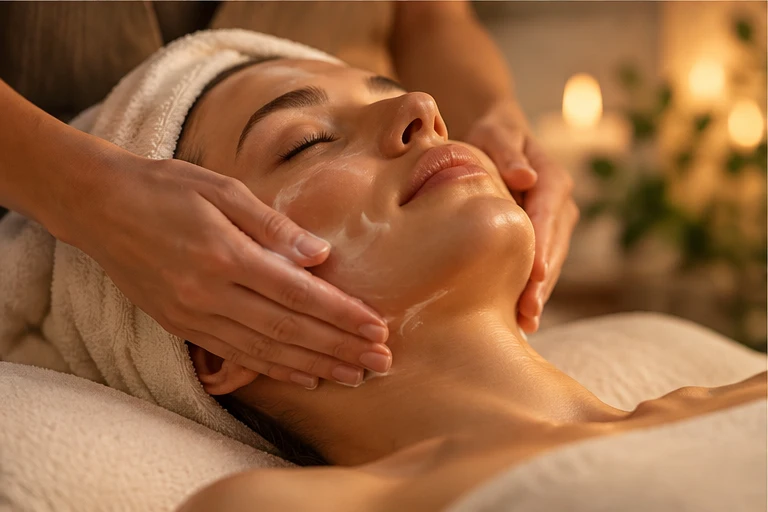 Peaceful facial skincare treatment with gentle hands and warm ambient lighting