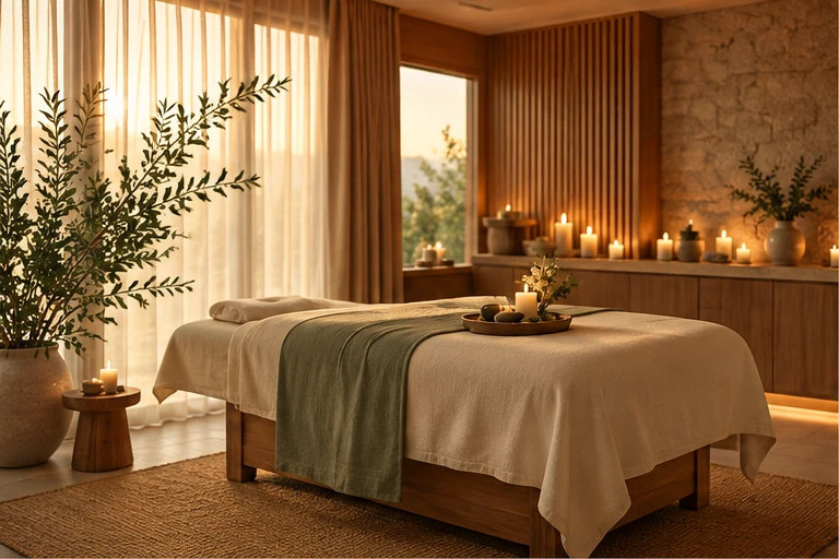 Softly illuminated massage table with fresh linens in a peaceful spa room