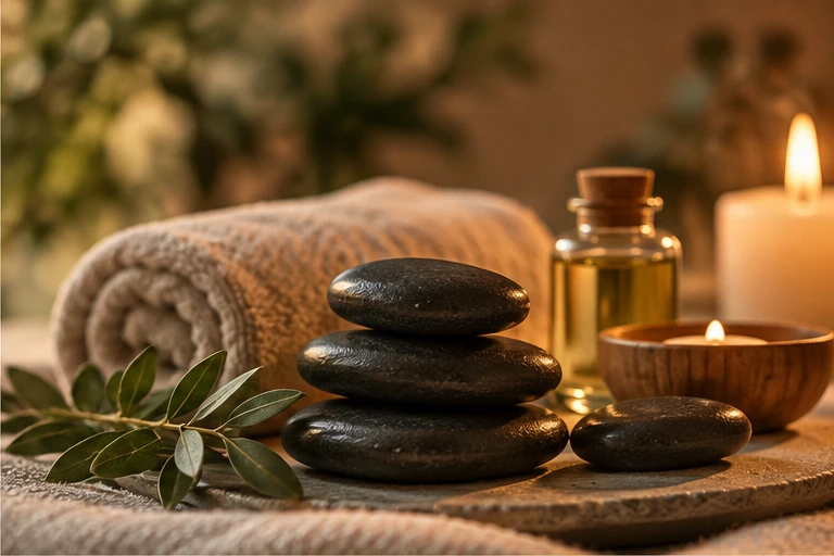 Polished hot stones, botanical sprigs, a candle and massage oil arranged on warm natural linen
